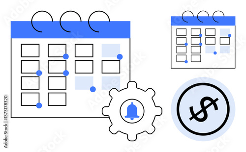 Calendar with dates marked, settings gear, notification bell, and dollar symbol representing task planning, automation, and financial management. Ideal for scheduling, reminders, time management