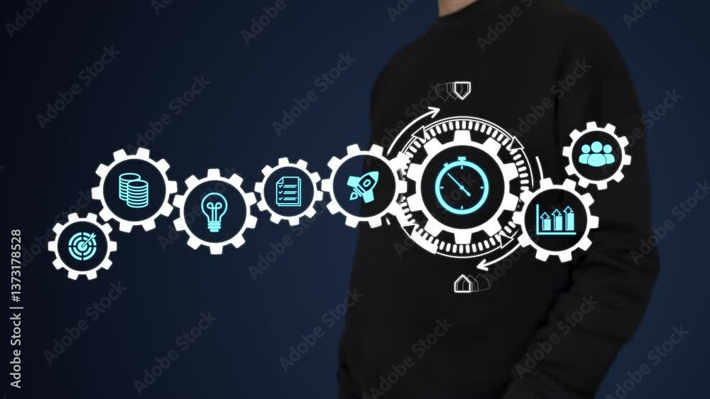A businessman presses a digital button with a stopwatch icon, activating interconnected gears. The concept symbolizes time management, teamwork, automation, synchronized workflow, efficiency, and