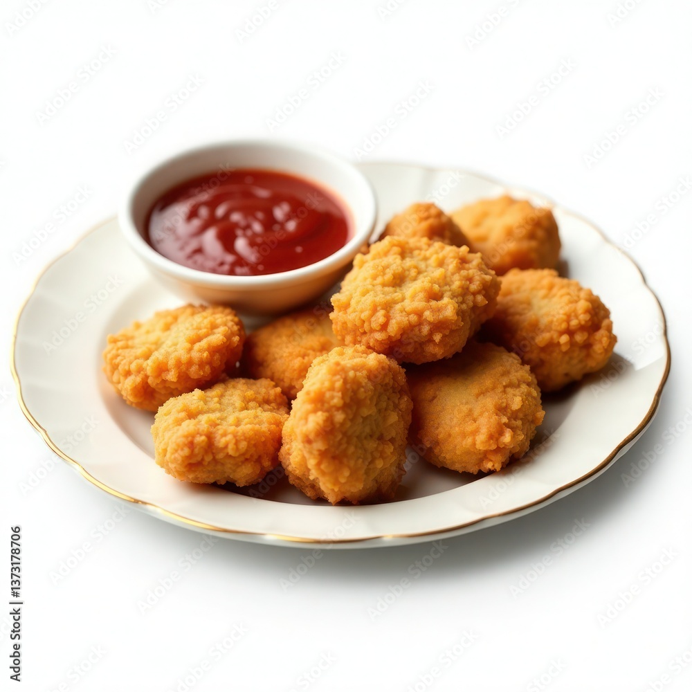 A plate of crispy chicken nuggets with a side of tangy ketchup, perfect for a snack or meal. A plate of crispy chicken nuggets with a side of tangy ketchup, perfect for a snack or meal.