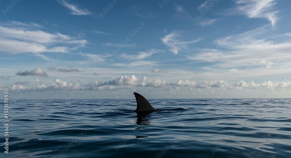 Fototapeta premium A lone shark fin cuts through the serene ocean surface under a vast, breathtaking sky filled with fluffy white clouds.