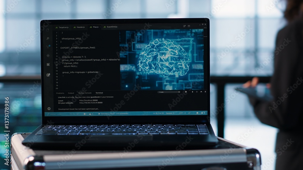 Focus on laptop used by teamworking data center computer scientists in background using artificial intelligence. Notebook screen with neural networks doing computing processes, camera A close up Focus on laptop used by teamworking data center computer scientists in background using artificial intelligence. Notebook screen with neural networks doing computing processes, camera A close up