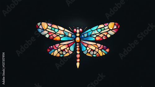 vibrant dragonfly design featuring colorful stained glass elements, showcasing intricate patterns and beautiful array of colors