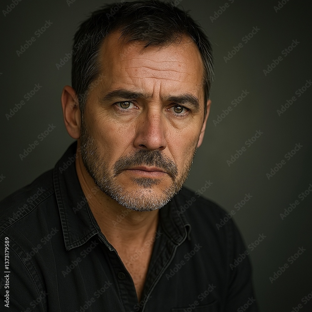 Obraz premium A serious middle-aged man with salt-and-pepper hair and a rugged look gazes intensely into the camera against a dark, moody background.
