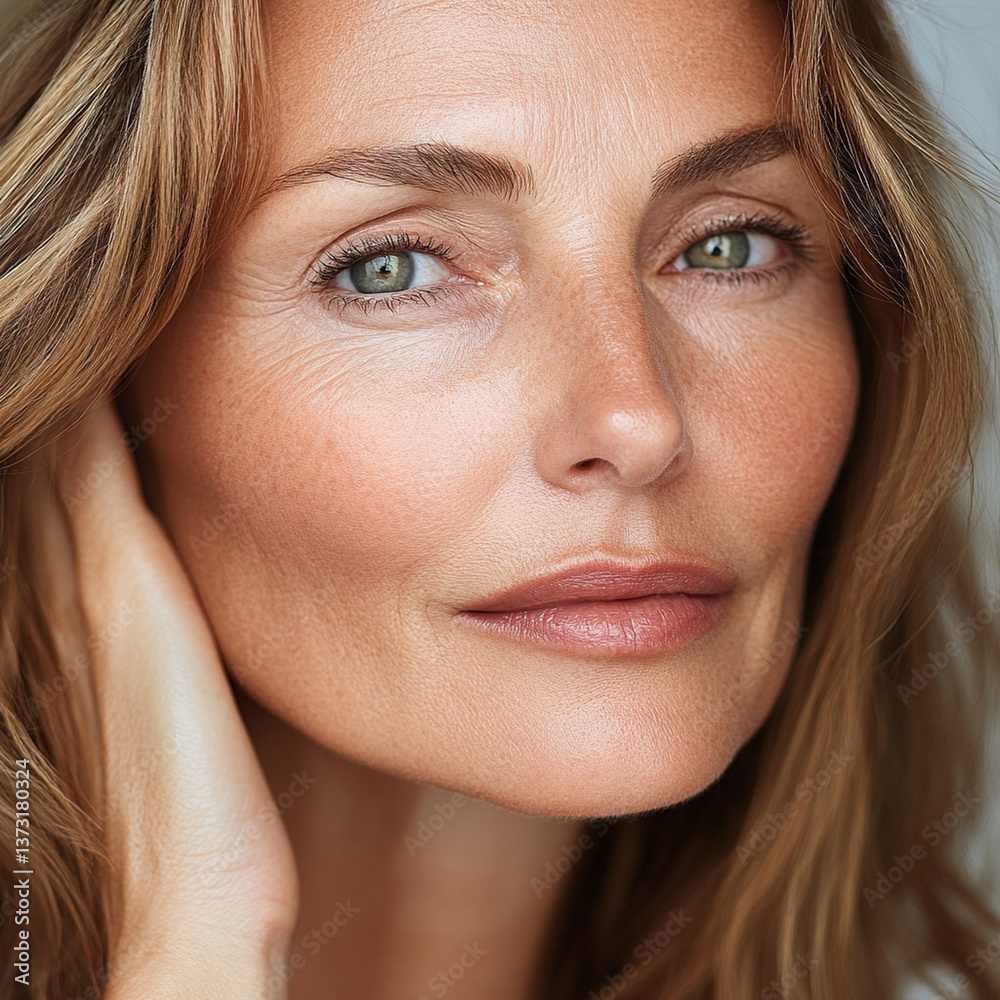 Obraz premium close up of older woman with glowing skin and natural makeup, her beauty and confidence. Her hair is wavy and she has serene expression