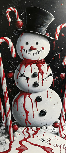 Bloody Snowman with Candy Canes on a Dark Background