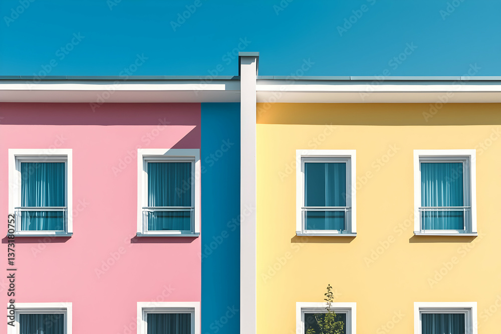 Pastel Pink and Yellow Houses Under a Blue Sky Pastel Pink and Yellow Houses Under a Blue Sky