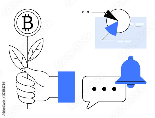 Hand holding Bitcoin plant symbolizes fintech growth. Includes data chart gradient, speech bubble with dots, and bell. Ideal for cryptocurrency, blockchain, finance, investment, growth