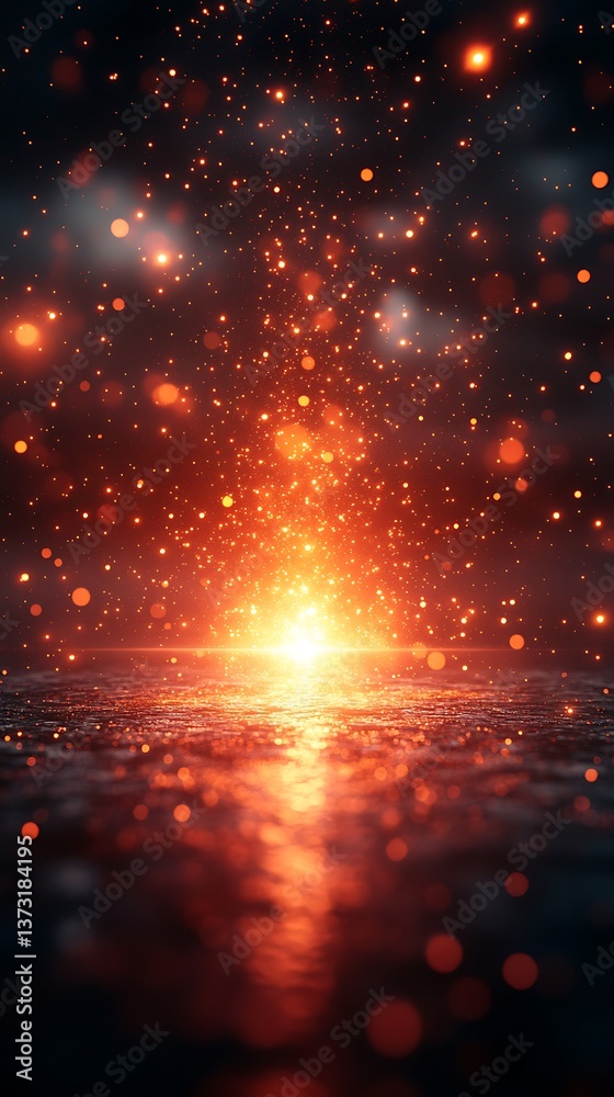 Naklejka premium Radiant light shines above a reflective surface in the darkness