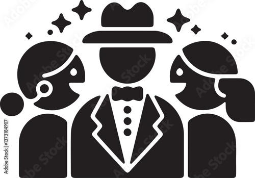An illustration of a stick figure mogul dressed in a neat and luxurious outfit, surrounded by two women.