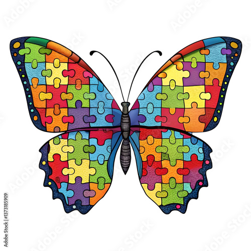 Colorful butterfly composed of interlocking puzzle pieces, symbolizing autism awareness, on a transparent background.