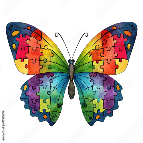 Colorful butterfly composed of interlocking puzzle pieces, symbolizing autism awareness, on a transparent background.
