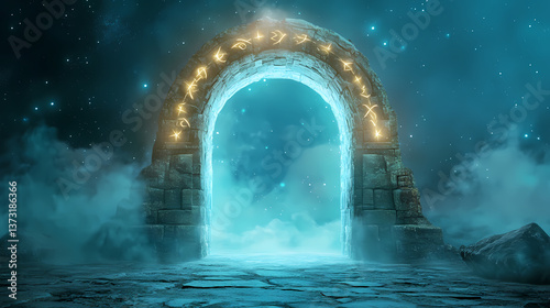 Ancient archway with glowing runes and misty aura leading to an otherworldly gateway. Celestial Runes. Illustration