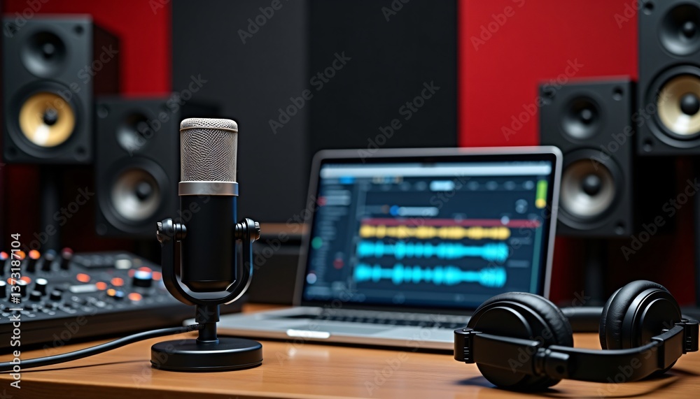 Fototapeta premium Studio Recording Setup: Professional Microphone, Laptop DAW, and Studio Monitors