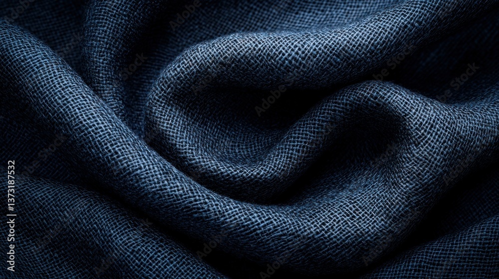 Textured deep indigo fabric draped in soft folds Textured deep indigo fabric draped in soft folds