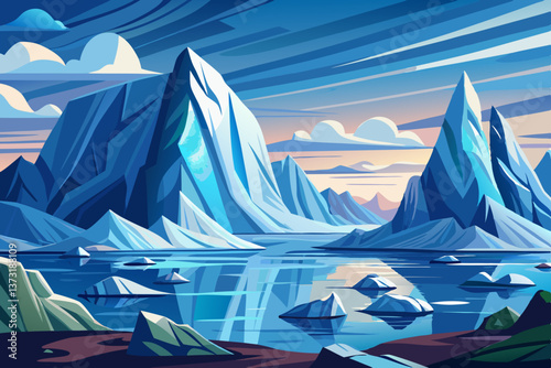 A serene Antarctic landscape where towering icebergs drift silently across the cold ocean