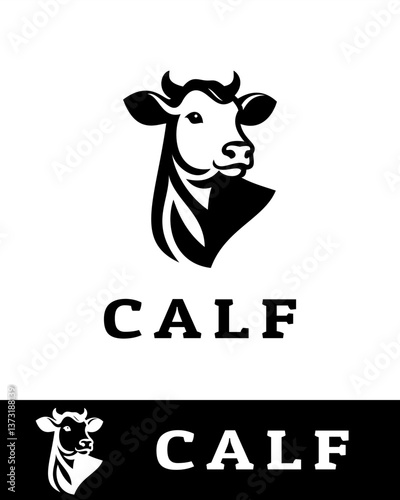 A modern black and white calf logo design featuring a stylized cow face, ideal for dairy farms, agricultural businesses, livestock branding, milk production, etc