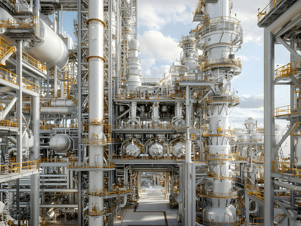 Detailed View of a Large Industrial Refinery Under a Bright Sky Detailed View of a Large Industrial Refinery Under a Bright Sky