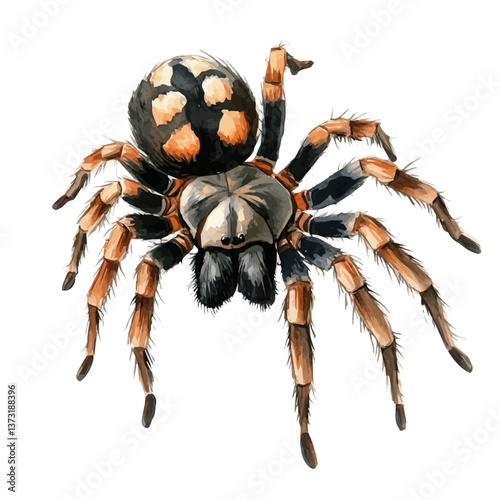 A watercolor vector of a tarantula, isolated on a white background. Tarantula vector.

