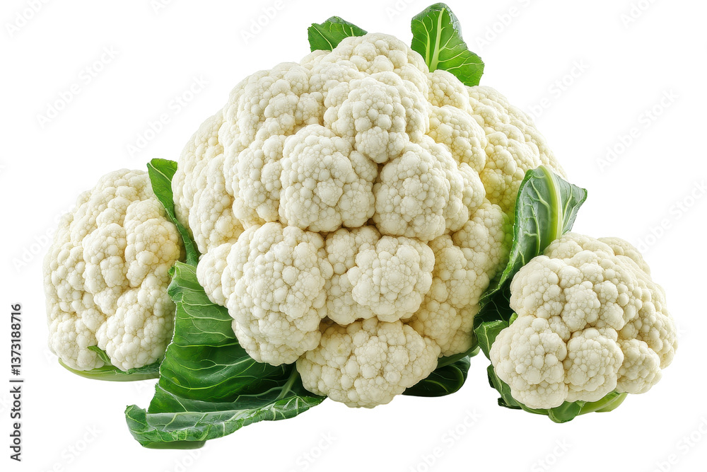 Fresh cauliflower with green leaves displayed on a white background highlighting its natural texture and color, ideal for healthy cooking and meal preparation