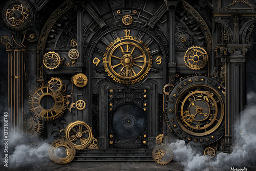 Intricate Clockwork Doorway: Dark Fantasy Portal with Gold Gears and Smoke
