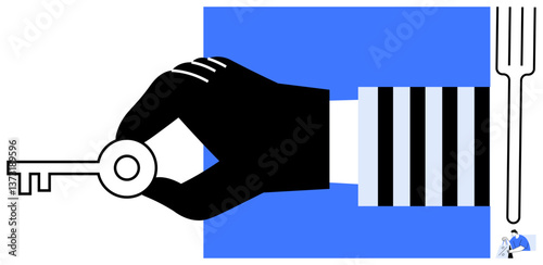Black hand holding key while wearing a striped jail uniform sleeve, with fork to the right side. Ideal for themes on freedom, justice, imprisonment, liberation, hope, keys metaphor. Line metaphor