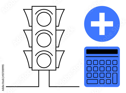 Traffic light illustrating decision-making, calculator symbolizing calculation, and medical cross suggesting positivity or health. Ideal for safety, health, strategy, planning, education, finance