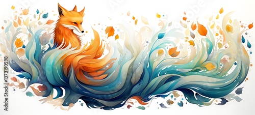 White background with drawings of colorful fox nine tail for children, ai generative