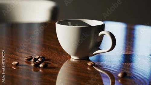 White Ceramic Coffee Cup and Beans on Table. Product Mockup Scene.