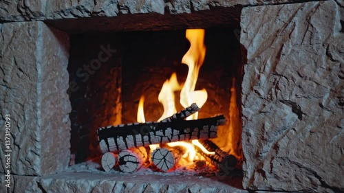 Cozy Fireplace with Burning Firewood in Stone Wall Setting.