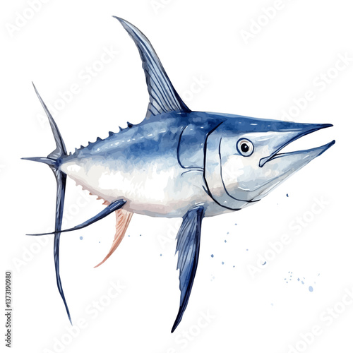 A watercolor vector of a swordfish, isolated on a white background. Swordfish vector.

