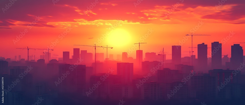 Construction cranes and buildings silhouetted against a colorful sunset sky Construction cranes and buildings silhouetted against a colorful sunset sky