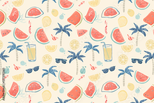 Aloha Summer Flatlay – Watermelon, Lemon & Vacation Vibes BackgroundSeamless Hand-Drawn Palm Tree and Sun Summer Pattern Background Set