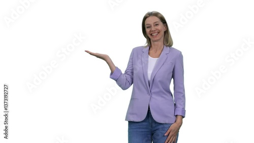 Stylish smiling middle aged business woman something presenting, Full HD footage with alpha transparency channel isolated on white background 