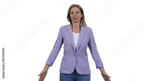 Stilysh middle aged woman spreads her arms in bewilderment while standing, Front view, Full HD footage with alpha transparency channel isolated on white background 