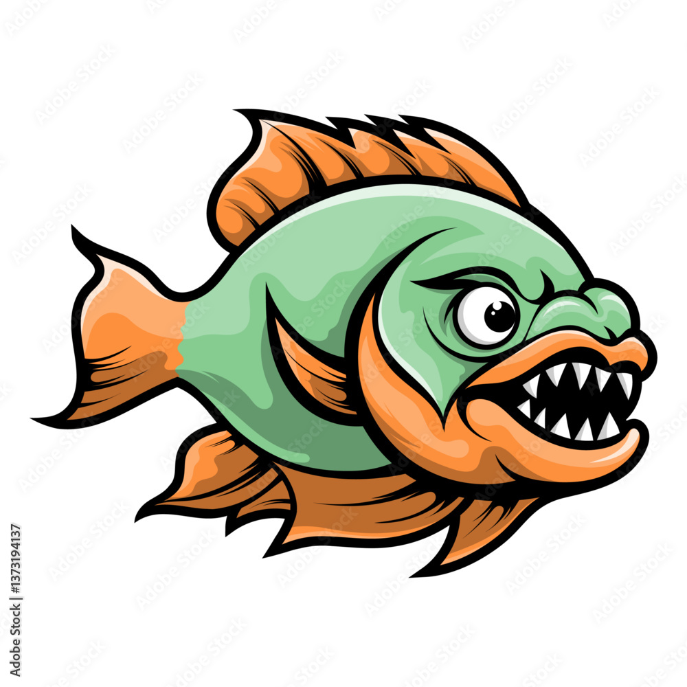 Obraz premium Angry Cartoon Piranha Fish Mascot Illustration – Green Body, Orange Fins, Sharp Teeth and Fierce Expression – Bold and Ferocious Vector Art Style Aquatic Predator Character for Logo, Gaming and Design