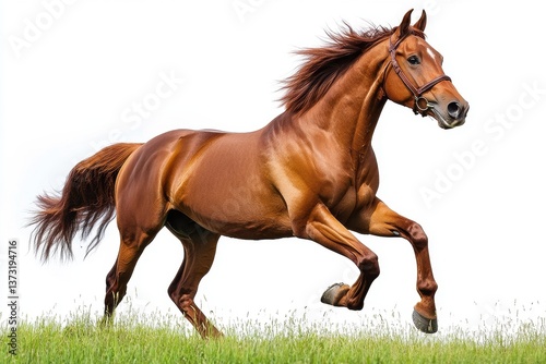 Sleek brown horse galloping across a grassy field in a vibrant display of energy and grace