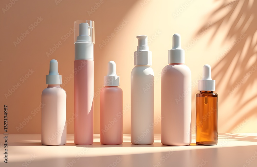 Aesthetic display of empty cosmetic bottles various finishes soft lighting Aesthetic display of empty cosmetic bottles various finishes soft lighting
