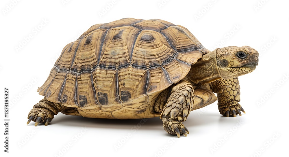 Obraz premium A lone tortoise, steadfast and strong, journeys across a bright white background, showcasing its intricate shell patterns.