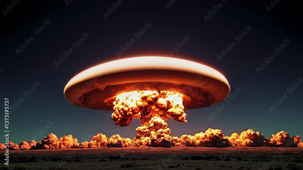 Powerful atomic bomb explodes over a desert landscape, creating a massive mushroom cloud and unleashing devastating destruction with shockwave and fireball