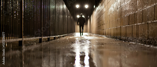 Person Walking in a Rainy City Alley at Night photo