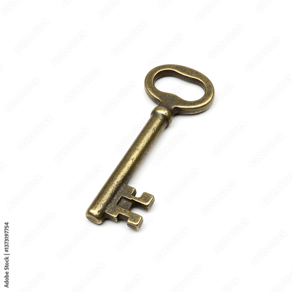 Antique Brass Skeleton Key, Isolated on White Background Antique Brass Skeleton Key, Isolated on White Background