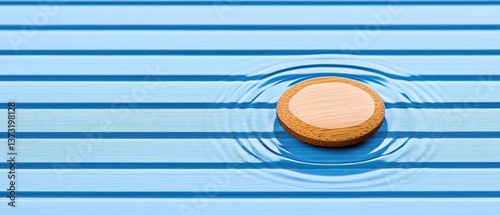 Circular piece afloat on striped blue surface, causing water ripples