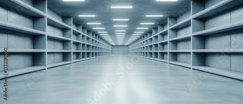 Endless warehouse with rows of empty shelves under bright lights on concrete floor