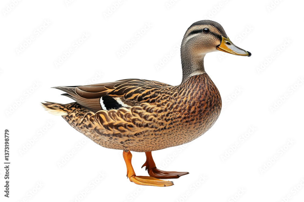 Realistic duck standing on a white background showcasing vibrant feathers and natural colors in a serene pose Realistic duck standing on a white background showcasing vibrant feathers and natural colors in a serene pose
