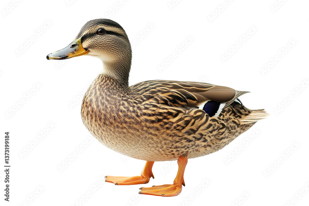 Realistic duck standing on a white background showcasing vibrant feathers and natural colors in a serene pose Realistic duck standing on a white background showcasing vibrant feathers and natural colors in a serene pose