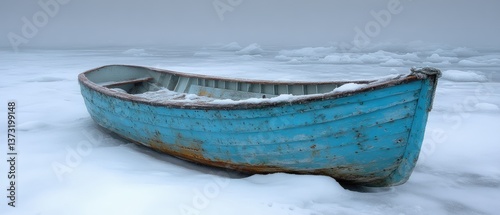 Worn blue rowboat sits on a snowy, foggy shore with ice and snow. Cold scene in wintertime