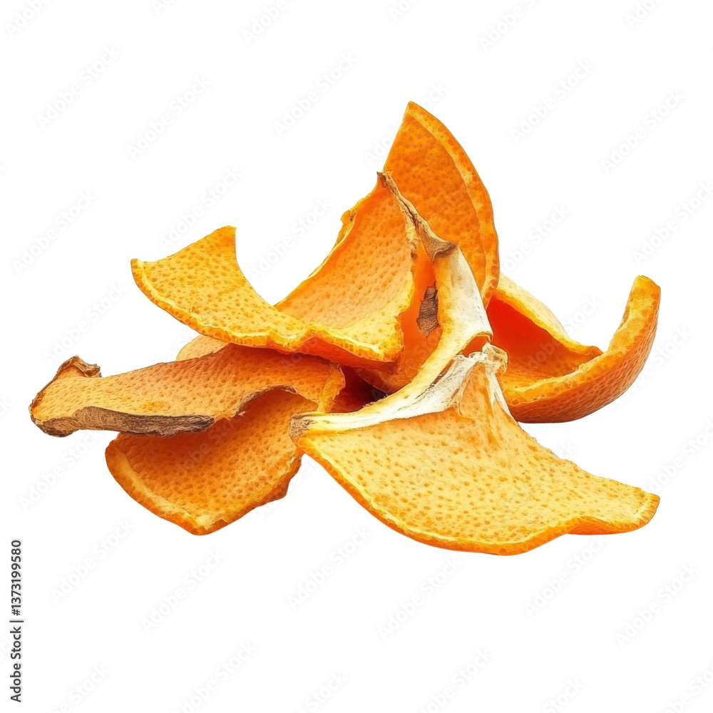 Fototapeta premium Pile of dried orange peels on a transparent background, showcasing citrus zest for culinary and aromatic uses, concept of natural ingredients and waste reduction