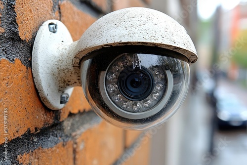 A surveillance camera mounted on a brick wall, monitoring its surroundings in an urban landscape