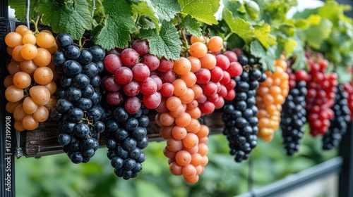 Rows of colorful grapes hang down in a vineyard. Green vines. Vibrant hue and ripe, juicy bunches