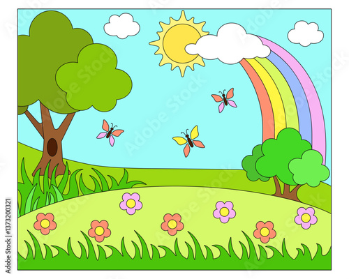 Summer day landscape, blooming meadow with butterflies - vector full color picture. Landscape for a children's book with a tree, a bush, a rainbow and the sun	